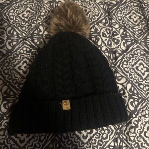 Timberland Black Knit Hat with Brown Pom